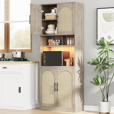 Tall Kitchen Pantry Storage Cabinet with Microwave Shelf and LED Light