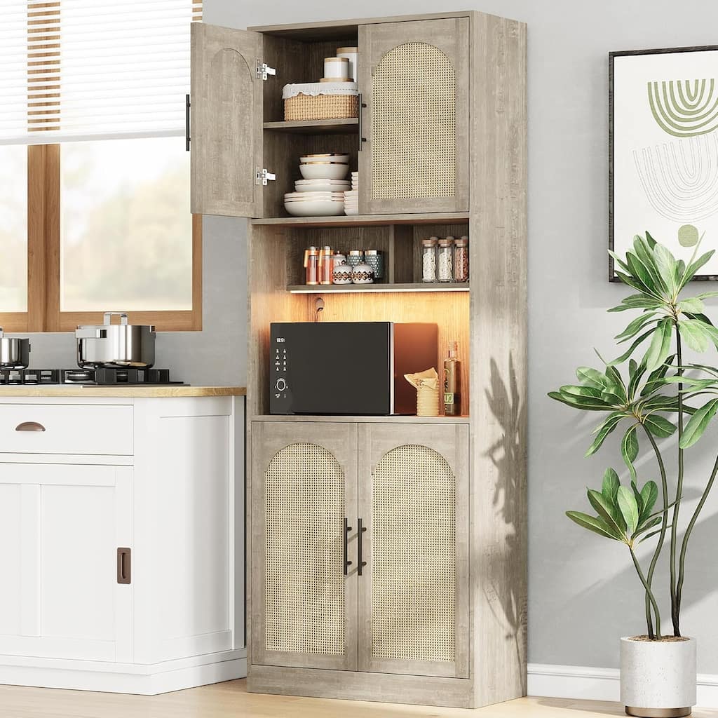 Tall Kitchen Pantry Storage Cabinet with Microwave Shelf and LED Light