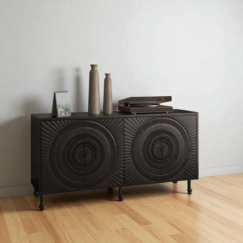Modern Black Sideboard Buffet Cabinet with Adjustable Shelves, 4-Door Storage Accent Cabinet for Dining Room and Kitchen