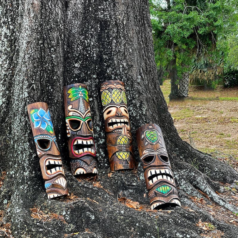 Set Of 4 Hand-Carved 20" Tiki Wall Masks Tropical Hawaiian Decor