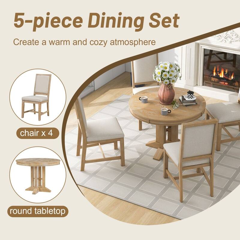 5-Piece Farmhouse Wooden Dining Set with Extendable Round Table and 4 Upholstered Chairs for Kitchen