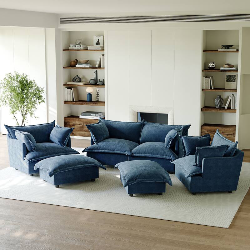 6 Piece Oversized Chenille Comfy Cloud Modular Sectional Sofa Set - Navy