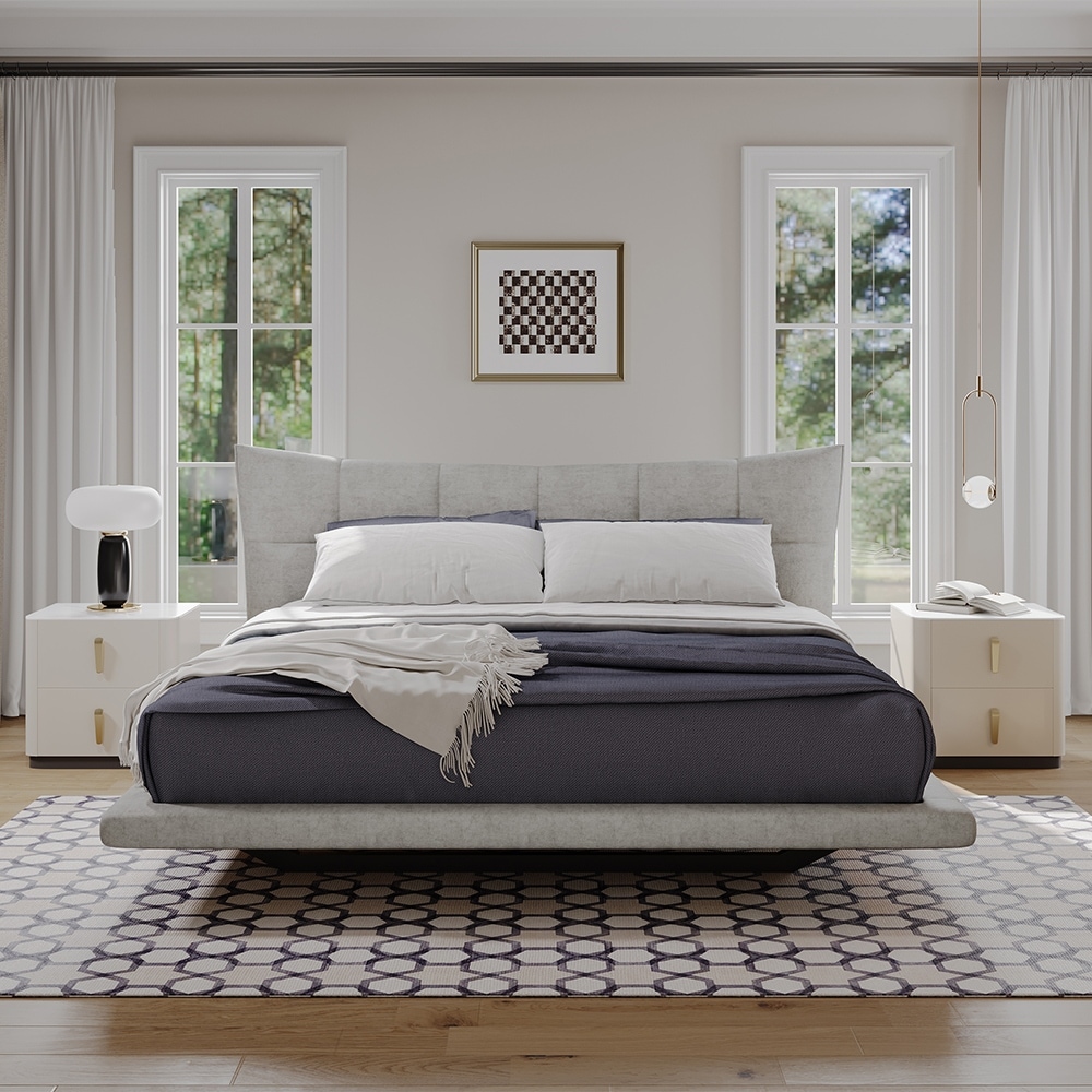 Floating Bed Frame With Headboard King Size Bed Frame Faux Suede Fabric Light Gray