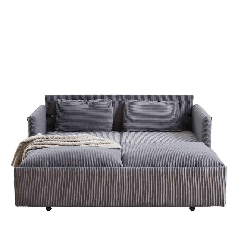 65" Corduroy 2-Seater Sleeper Sofa, 3-in-1 with Storage and Side Pocket