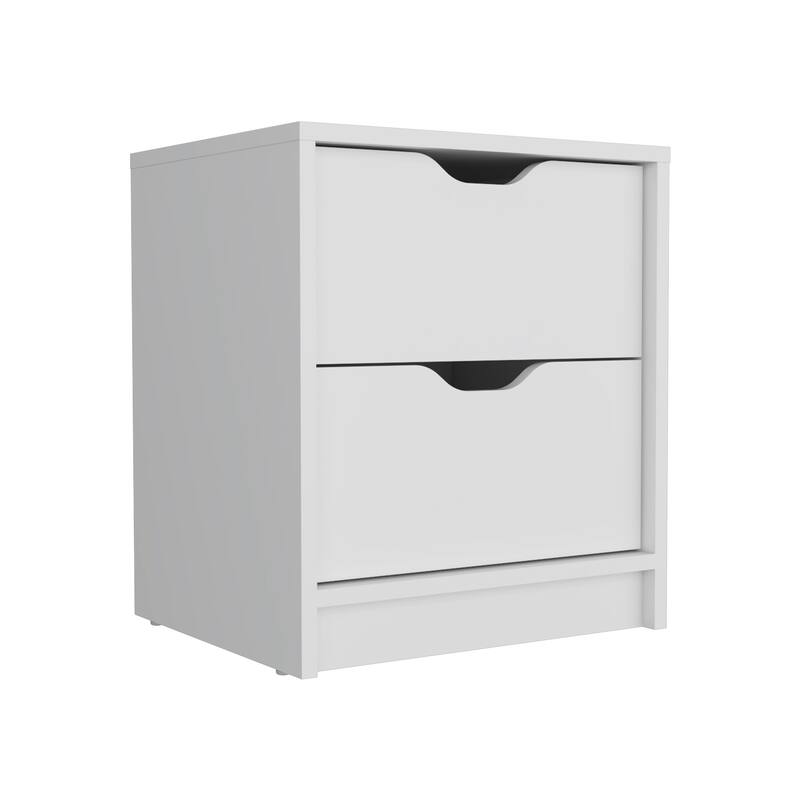 Double Drawer Nightstand, White, Ergonomic Bedside Table