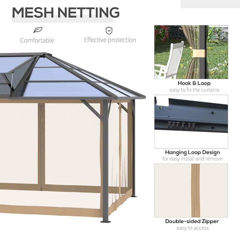 Outsunny 10x12 Hardtop Gazebo with Aluminum/Metal Frame, Polycarbonate Gazebo Canopy with Netting and Top Vent