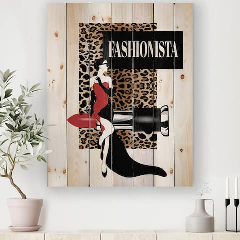 Designart 'Fashionista Illustration Of Red Dress Woman On Leopard Pattern' Modern Print on Natural Pine Wood