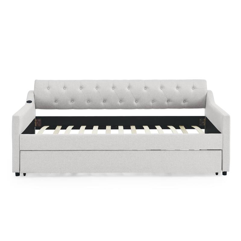 Tufted Daybed Upholstered Sofa Bed with Trundle and USB Port on Arms