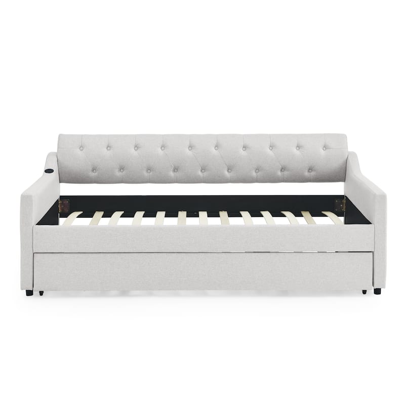 Twin Size Upholstery Daybed with Twin Size Erectable Trundle and USB Charging Design