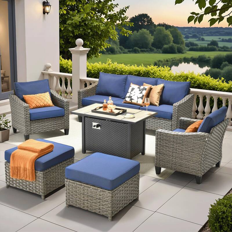 ​​OVIOS 6-Piece Outdoor Wicker Set with Fire Pit Table​ - ​​Navy Blue​