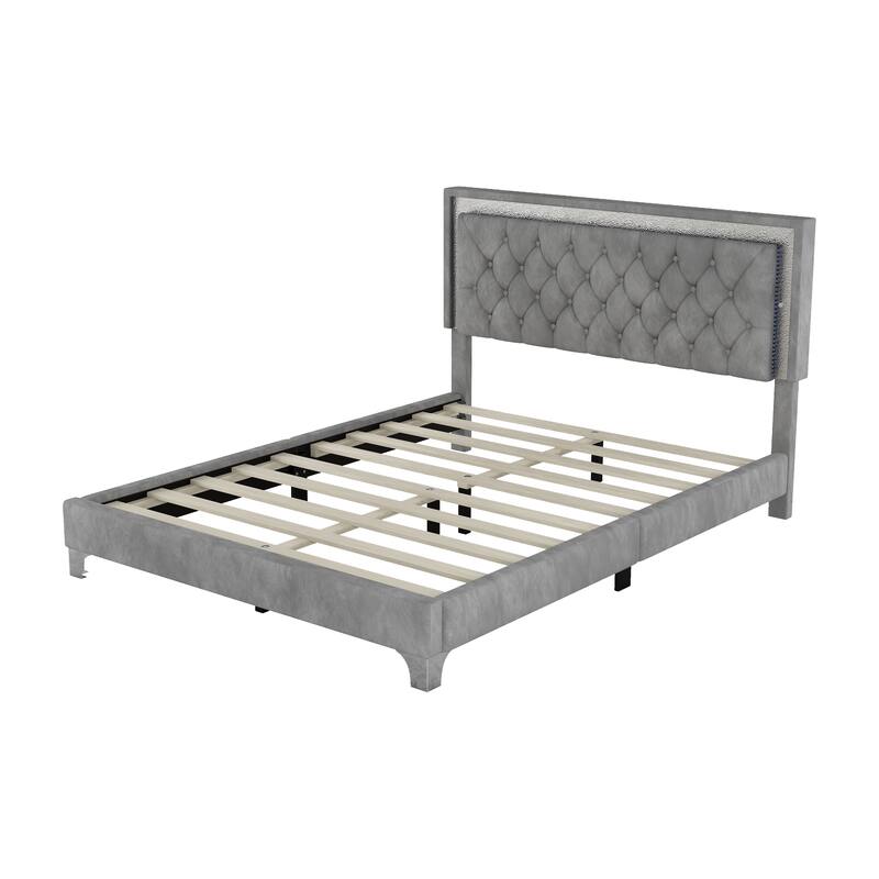 Modern Upholstered Bed Frame with LED Lights and Tufted Headboard