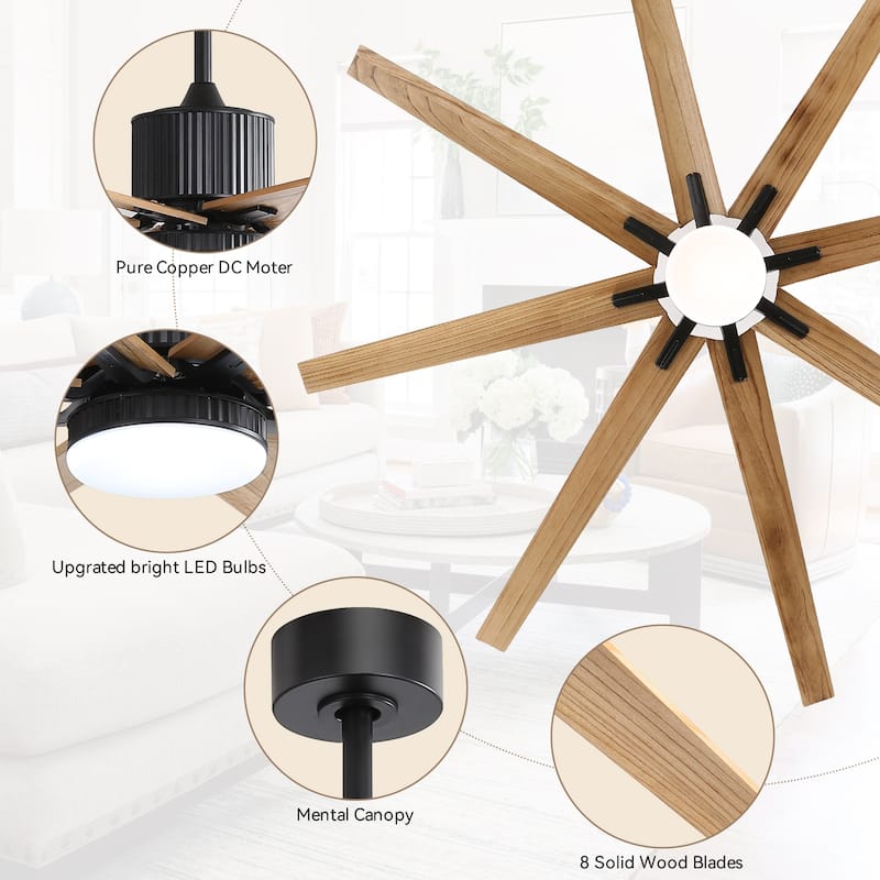 52"/66"/72"/76 Inch Modern Ceiling Fan with Dimmable LED Light ,Remote&APP Control,8 Blades for Large Living Room,Porch