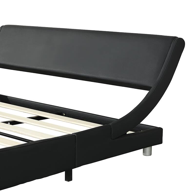 Queen Faux Leather Bed Frame with RGB LED Lighting, Remote/App Control, Wood Slat Support, Curved Design, No Box Spring Need