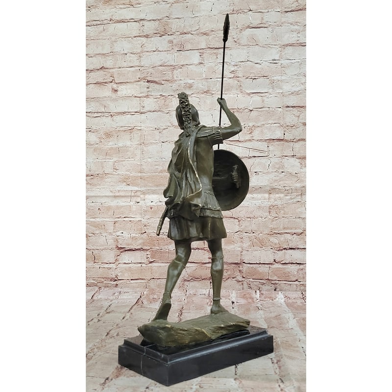 Roman Or Greek Soldier Bronze Sculpture With Spear And Shield On Marble Base