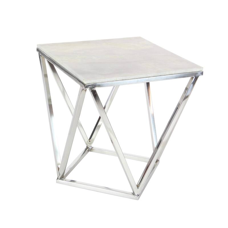 Silver Stainless Steel Accent Table with Marble Top - 18 x 18 x 21