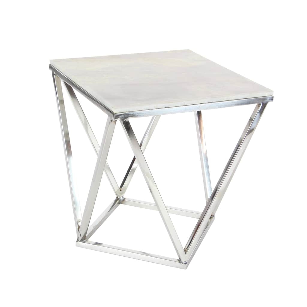 Stainless Steel Metal Geometric Accent Table with Marble Top - Silver - Roche River Decor