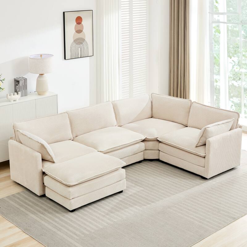5-Seater Corduroy Sectional Sofa with a Removable Ottoman & Corner Seat, Soft & Comfortable - 4 Seats with 1 Ottoman - Off White