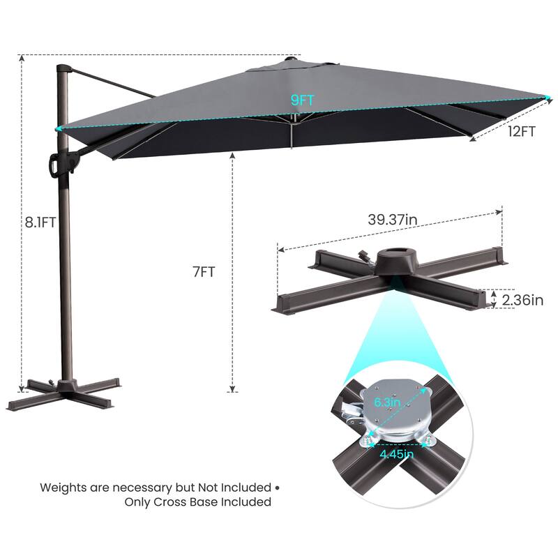 9 x 12 ft Outdoor Shade Parasol Patio Cantilever Offset Umbrella, No Base