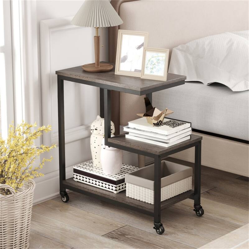 Engineered Wood and Metal G Shaped Side Table with Casters - 23" x 12" x 24"