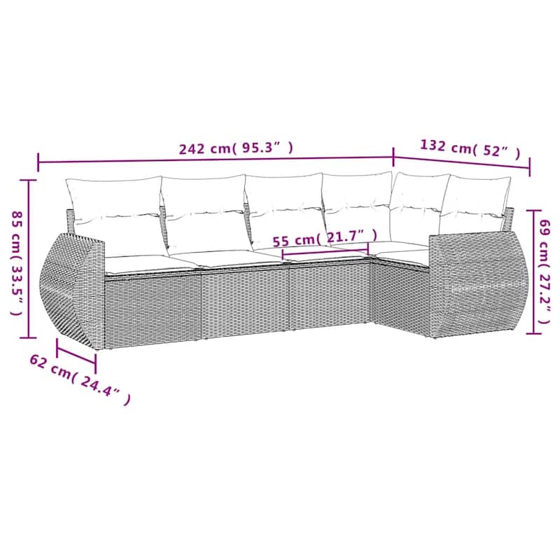vidaXL 5 Piece Patio Sofa Set with Cushions Black Poly Rattan