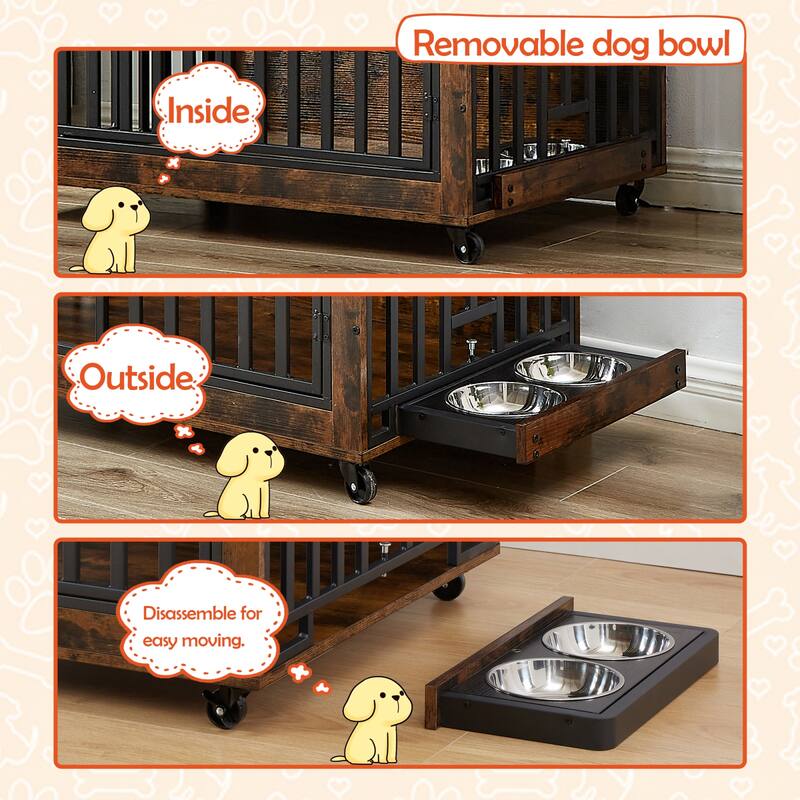 Dog Crate Furniture with Pull-Out Dog Bowls,Wooden Dog Kennel End Table with Wheels & Flip-Top,Indoor Dog House