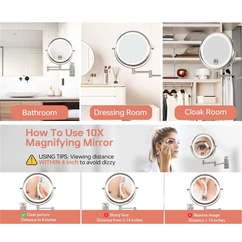 Wall Mounted Makeup Mirror w/ Down Double-Sided 1x/10x Magnification