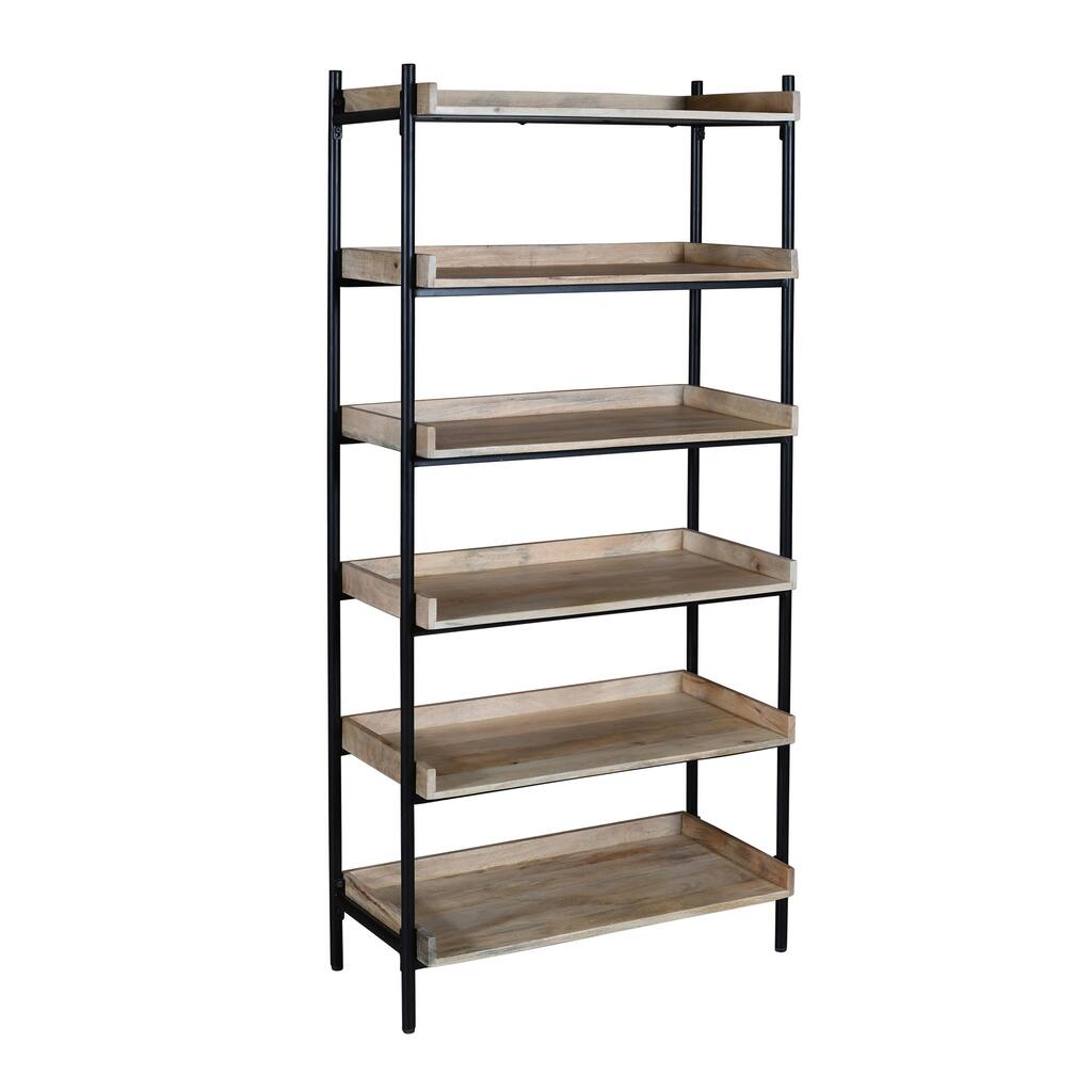 Elden Rustic Etagere or Bookcase with 5 Shelves - Natural Finish with Black Metal Support