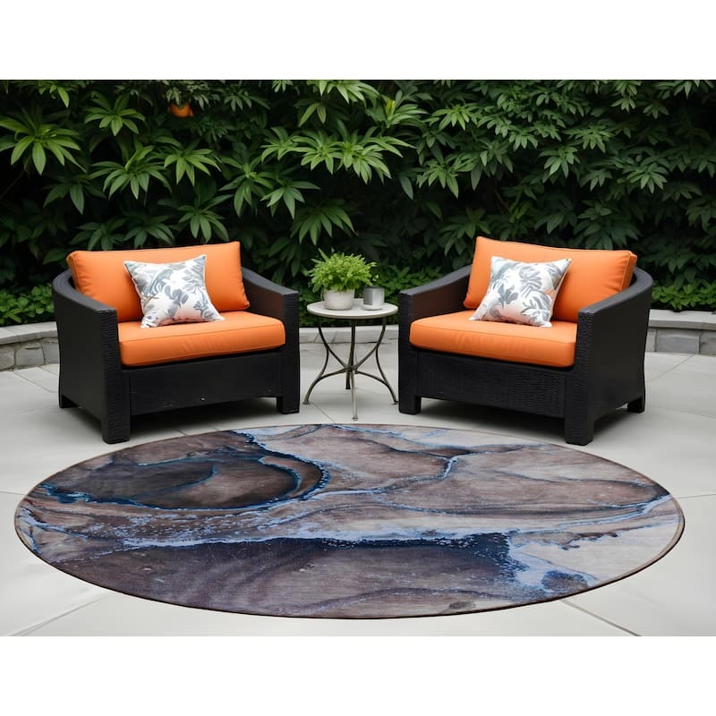 Damo Modern Art-Inspired Weather Resistant Trendy Modern Round Outdoor Rug - 8' Round - 8' Round - Blue