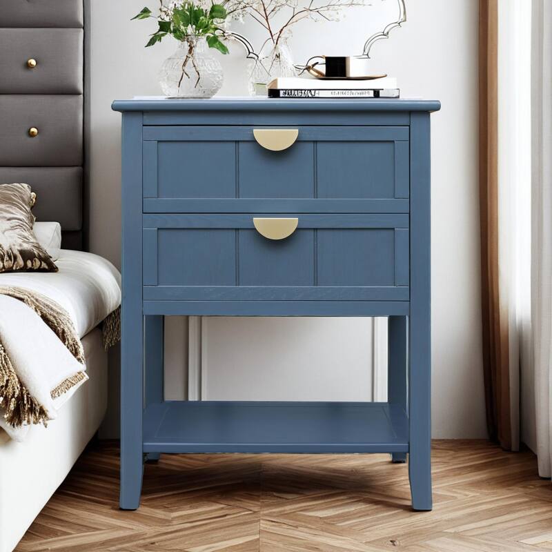 2 Drawer Side table,American style, End table,Suitable for bedroom, living room, study ，Blue