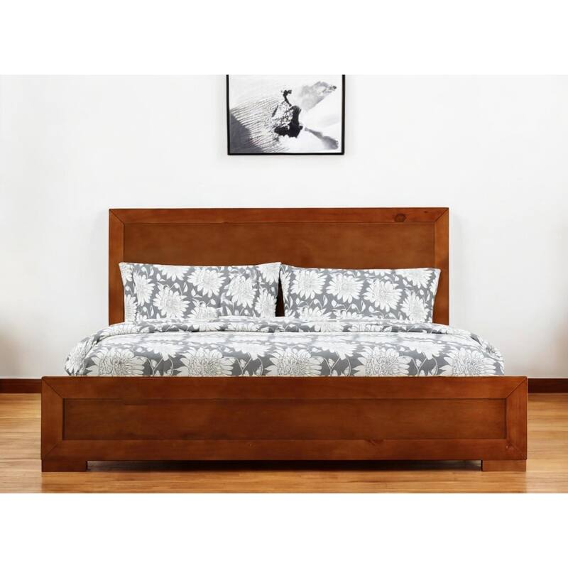 HomeRoots Brown Inlaid Panels Solid Wood Queen Bed Frame - Queen
