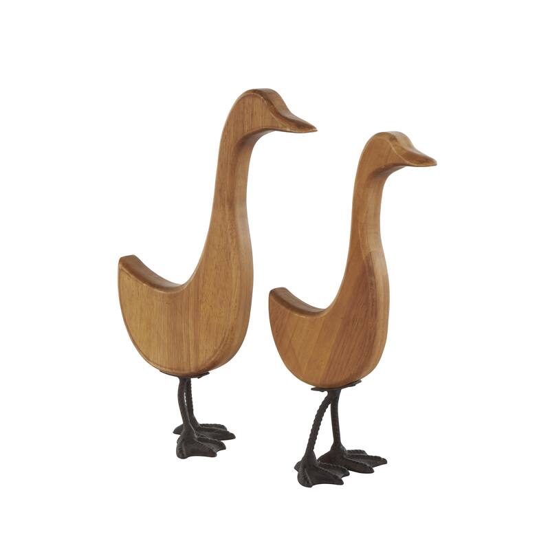 Wood Duck Abstract Minimalistic Decorative Garden Sculpture with Black Metal Feet - Set of 2 Brown - Roche River Decor