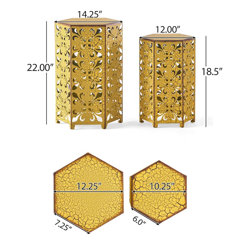 Smio Outdoor Side End Table Set of 2, Fleur-De-Lis Cut Yellow Iron