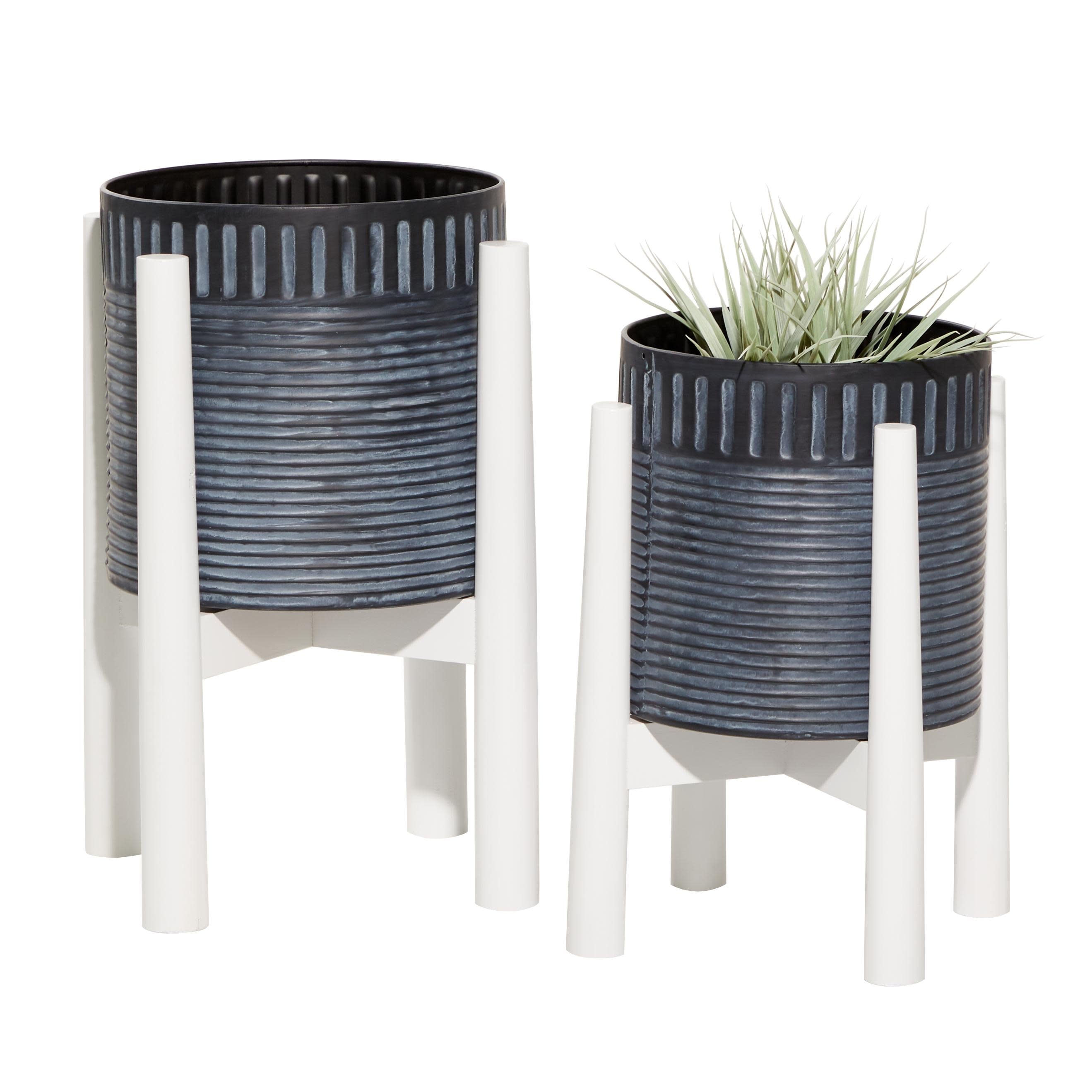 Metal Indoor Outdoor Planter with Removable Wood Stand - Set of 2 Black or White - Roche River Decor