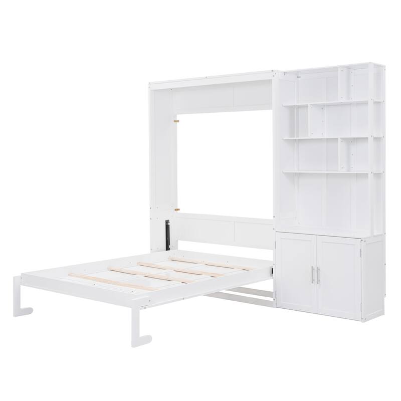 Full Size Multifunctional Murphy Bed with Multiple Storage Shelves, Foldable Platform Bed with A Cabinet