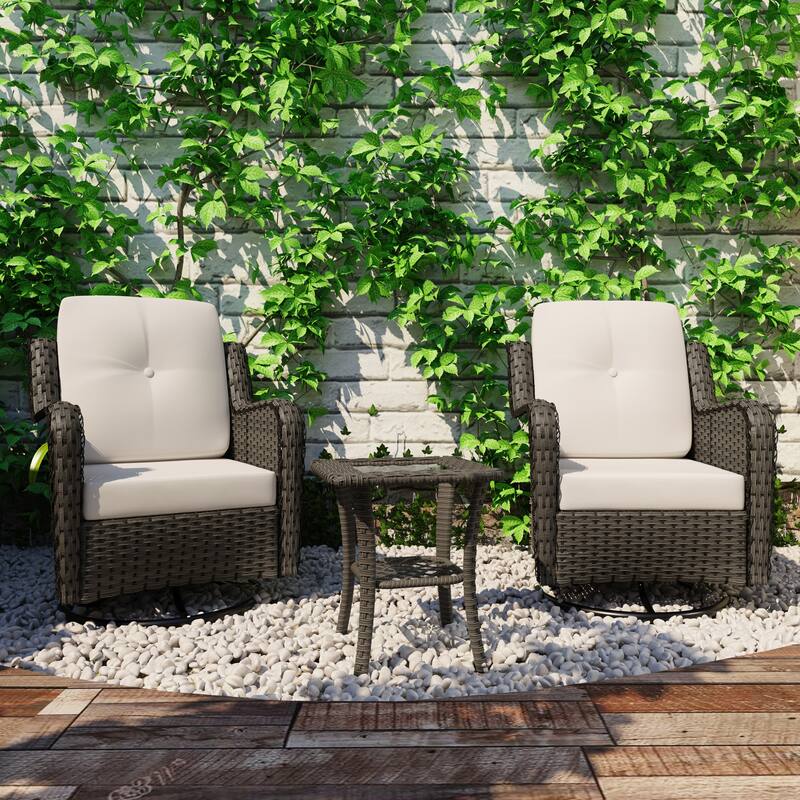 3 Piece Rattan Patio Bistro Set Outdoor Swivel Rocker Chairs - Beige Set