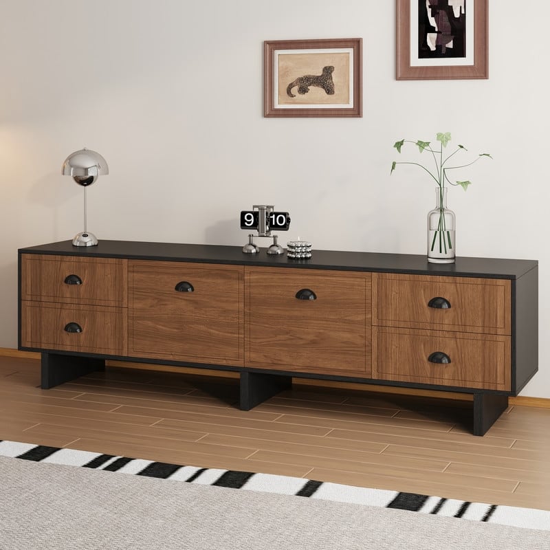 71" Modern Two-Tone Black & Brown TV Stand Media Console for Living Room