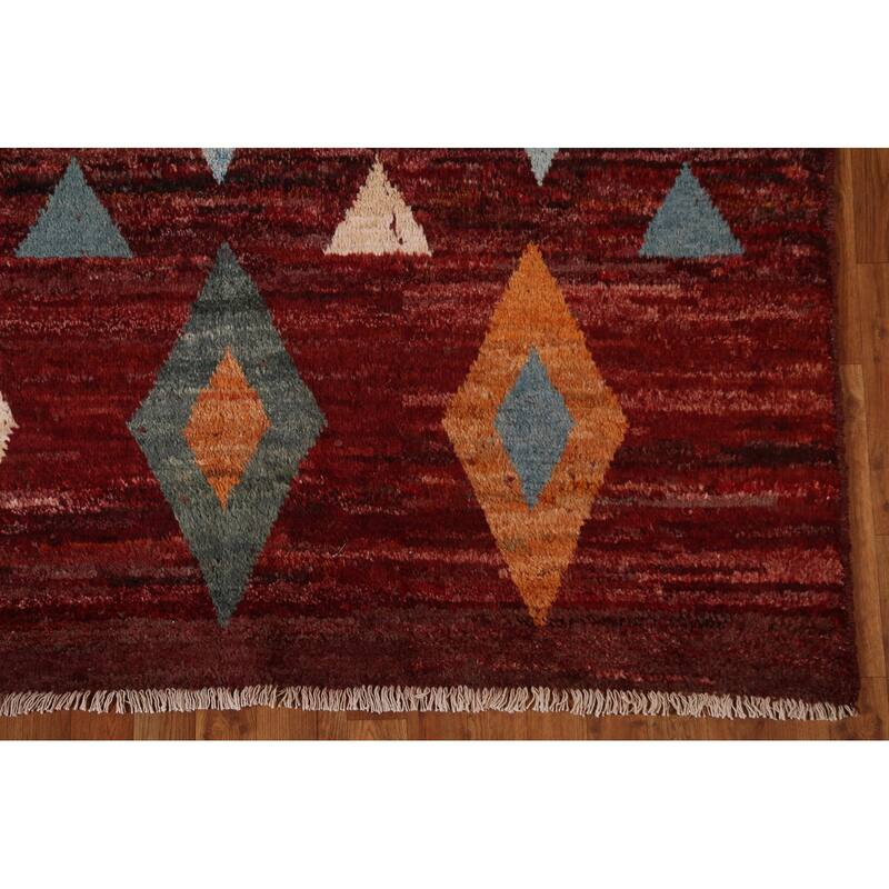 Hand Knotted Oriental 100% Wool Carpet Modern Tribal Red Moroccan Area Rug - 7' 7'' X 5' 9''
