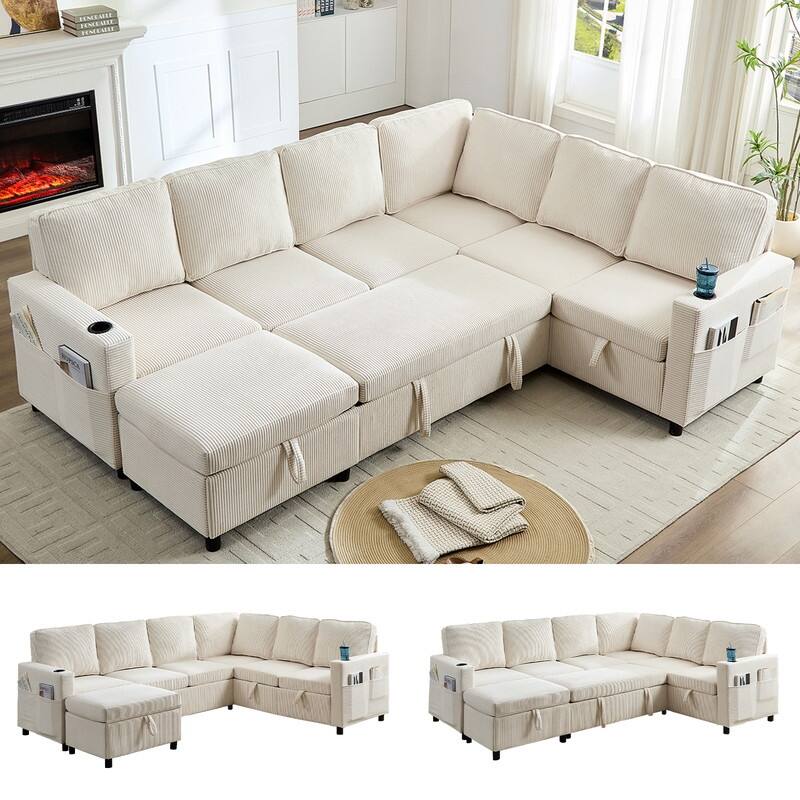 Mixoy 6 Seat U-Shaped Modular Sectional Sofa with Pull Out Bed, Sleeper Sofa Bed with Cup Holders & Storage - Beige - U-Shaped