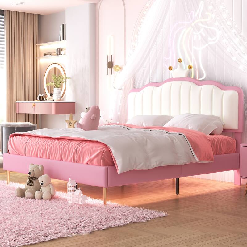 Twin/Full Size Upholstered Kids Princess Bed with Crown Headboard, PU Leather Platform Bed Frame with Light Strips