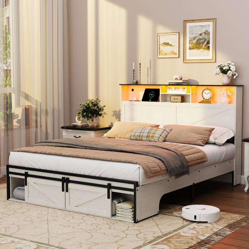 Queen Size Farmhouse Bed Frame with Storage, Charging Station, and RGB LED Lights