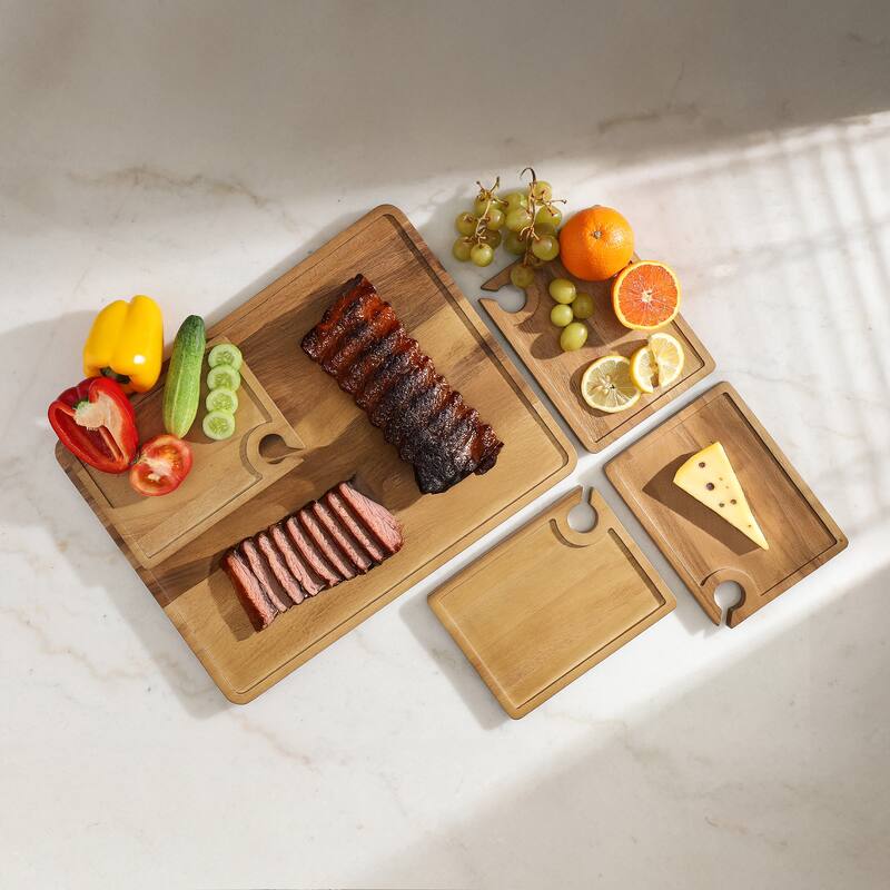 Sango Atelier Acacia Wood Wine Appetizer Plate Set with Serving Tray - 5-Piece Charcuterie & Cheese Board for Entertaining