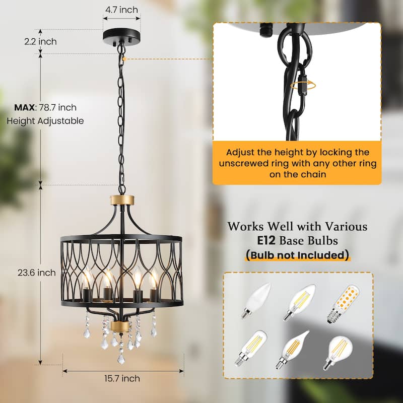 Modern Farmhouse Chandelier Dimmable Black and Gold Drum Chandeliers Light Fixture for Dining Room Living Room