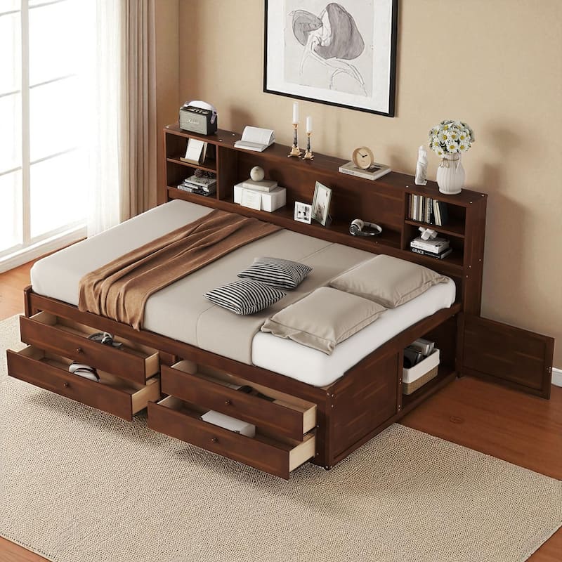 Full Size Wooden Captain Bed with Storage Shelves, 4 Drawers & 2 Cabinets, Antique Brown Finish