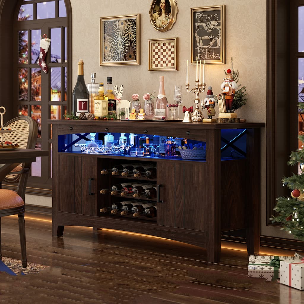 Farmhouse 47" Wine Bar Cabinet with Power Outlets & LED Lights, Industrial Coffee Bar Liquor Cabinet with Shelves & Wine Rack