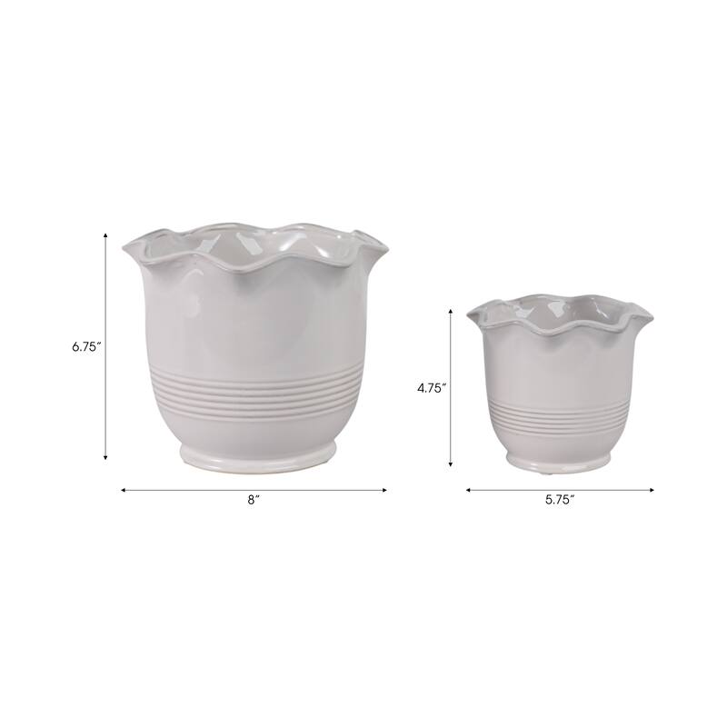 Ceramic Planter Scalloped Rim Ribbed Design Home Decor (Set of 2) - 8" x 8" x 6.75"