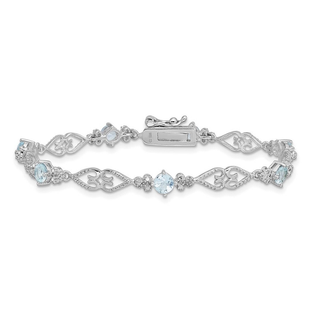 Curata 925 Sterling Silver 7" 5mm Peridot, Aquamarine or Garnet and Diamond Vintage Heart Bracelet