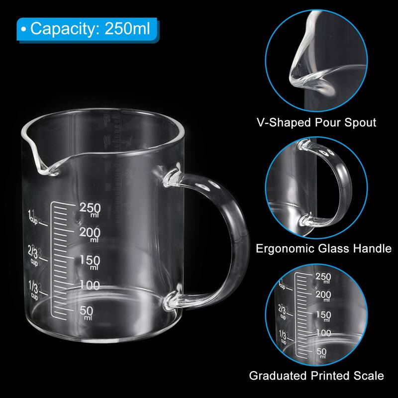 250ml Glass Measuring Cup, 3.3 Borosilicate Glass Graduated White Printed Scale