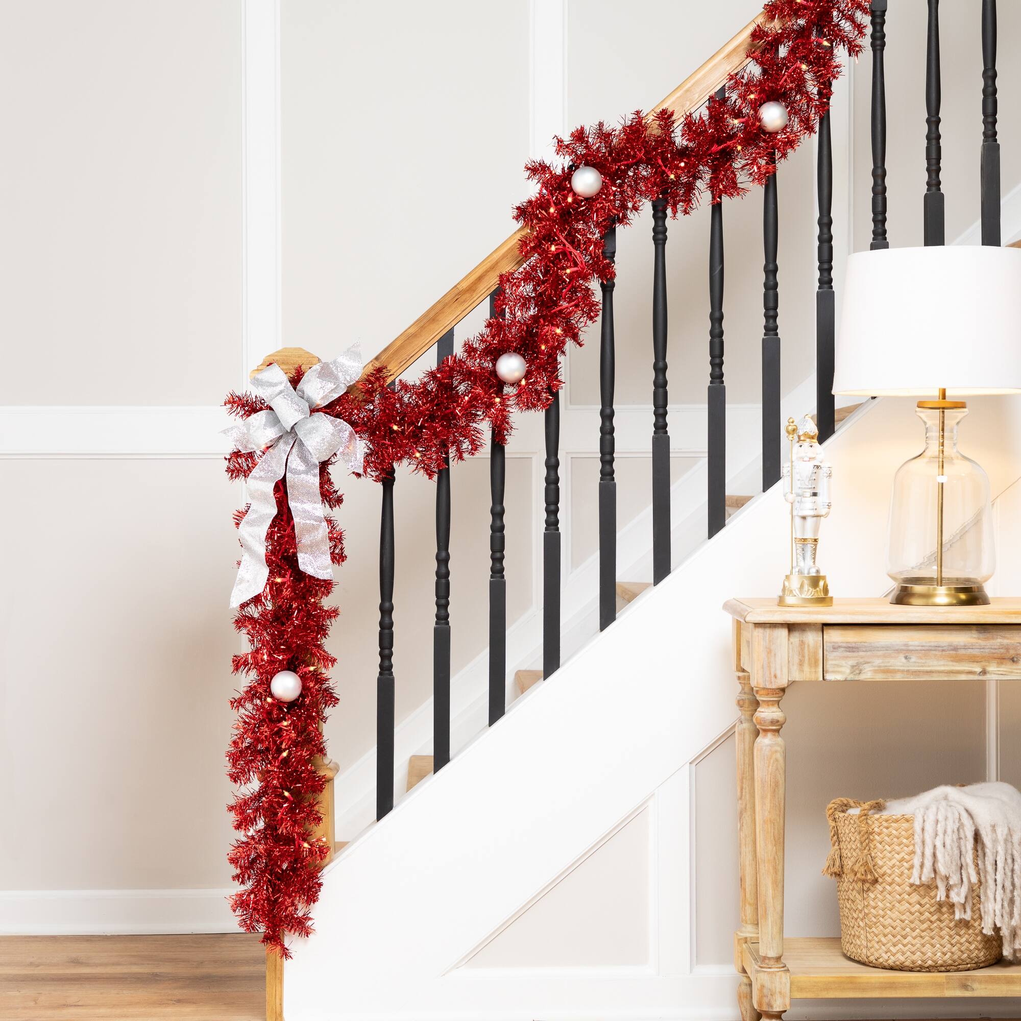 Pre-Lit Tinsel Artificial Christmas Garland - 9' x 8" - Red - Clear Lights