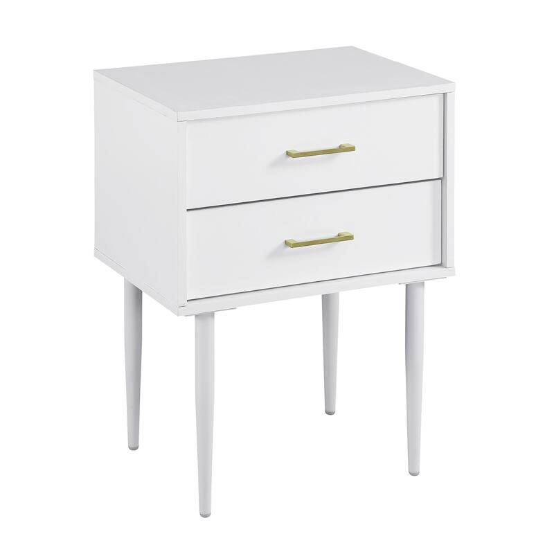 Mid-Century Modern 2-Drawer Nightstand with Tapered Legs and Gold Handles - White