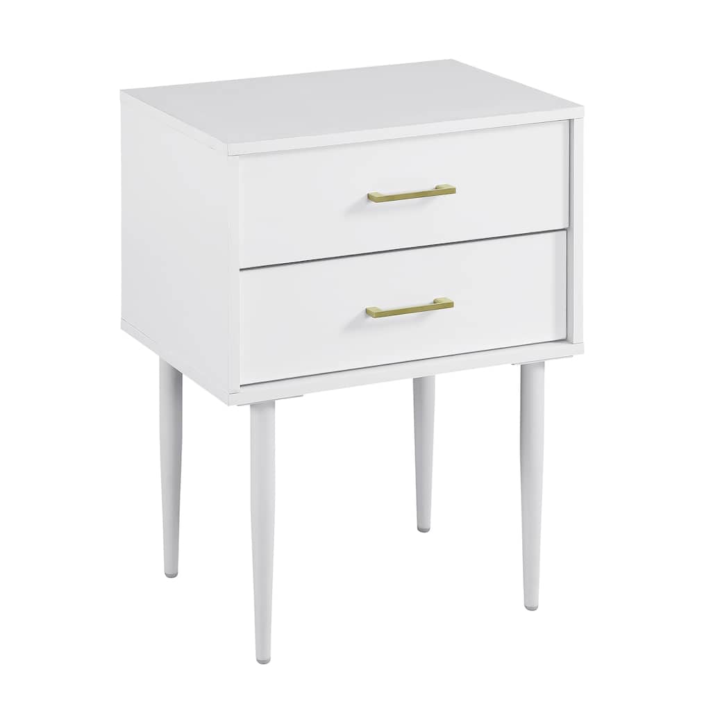 Mid-Century Modern 2-Drawer Nightstand with Tapered Legs and Gold Handles
